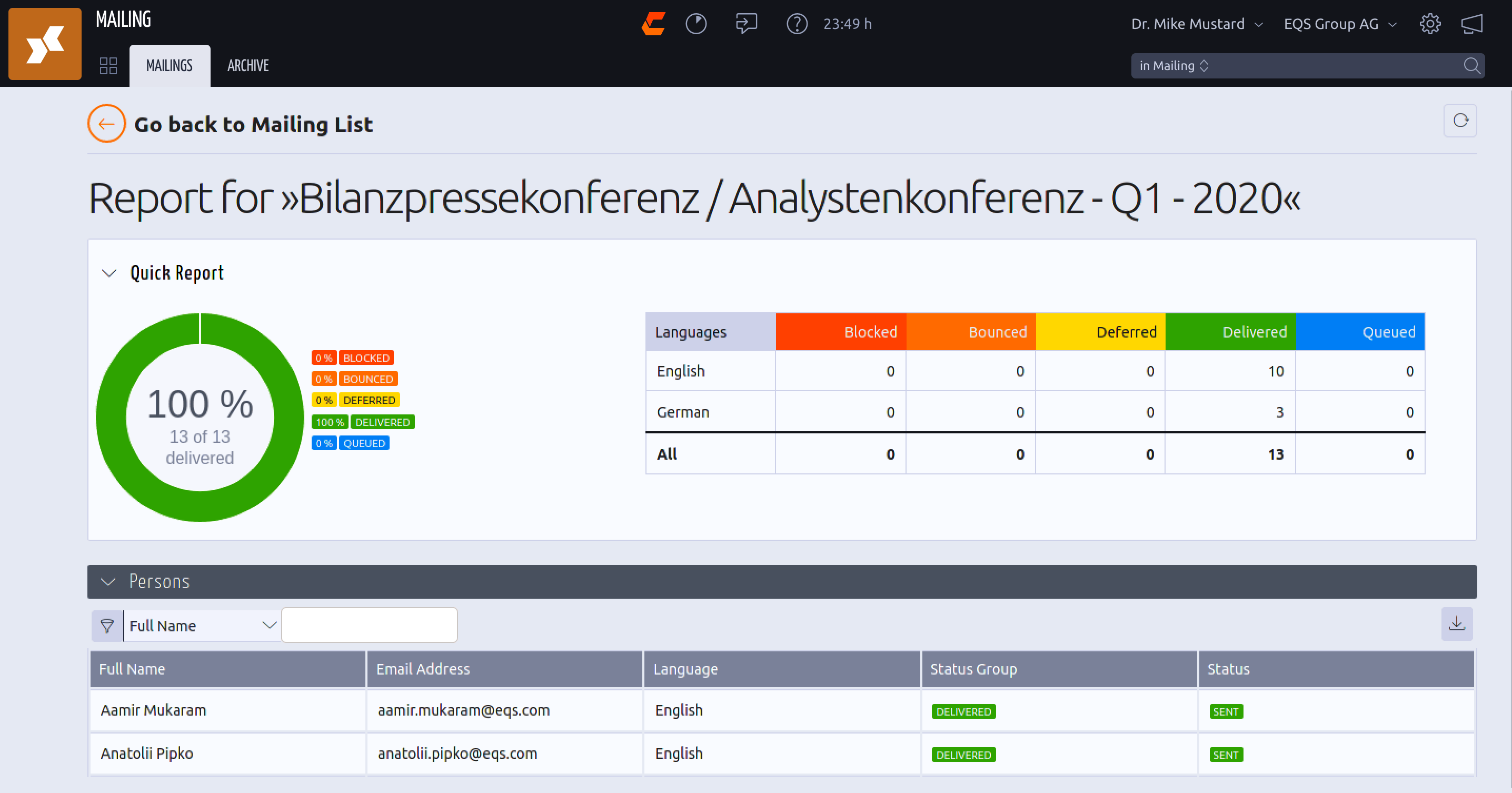 screenshot of EQS IR COCKPIT